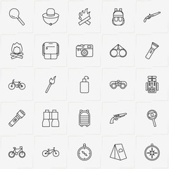 Adventure line icon set with camping tent , flashlight and backpack