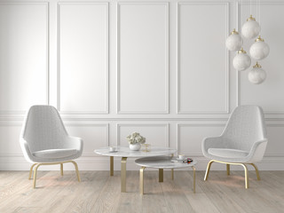 Modern classic interior with armchairs, lamp, table, wall panels and wooden floor. 3d render illustration mock up.