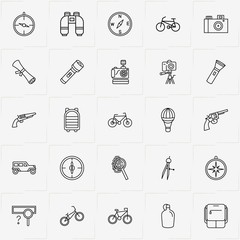 Adventure line icon set with magnifier, water flask and bicycle