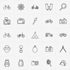 Adventure line icon set with backpack, farmer hat and magnifier