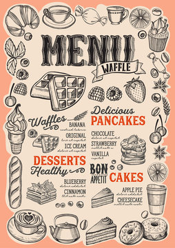 Waffle and pancake menu for restaurant with frame of hand-drawn fruits and sweets.