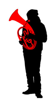recommend clip art: Tenor horn player vector silhouette. Music man play wind instrument. Music artist. Jazz man saxhorn. Bugler street performer. Musician play trumpet. Entertainment for public. Classic music event.
