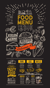 Food menu. Vector flyer for restaurant on blackboard background. Design template with vintage hand-drawn illustrations.
