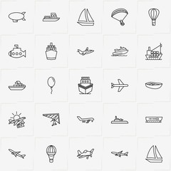 Air And Water Transport line icon set with boat, ship and airplane escalator