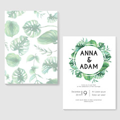 wedding invitation with green tropical leaf wreath watercolor