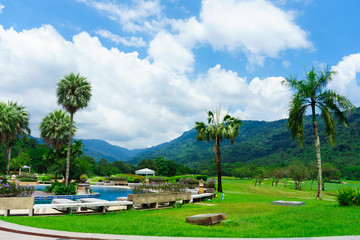 Blue sky and cloud with meadow tree. Plain landscape background for summer poster of thailand.