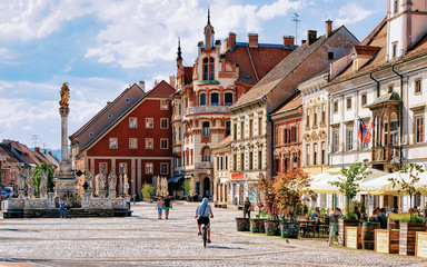 Maribor Town Hall square Slovenia Europe. Maribor Town Hall and Plague Column on the central...