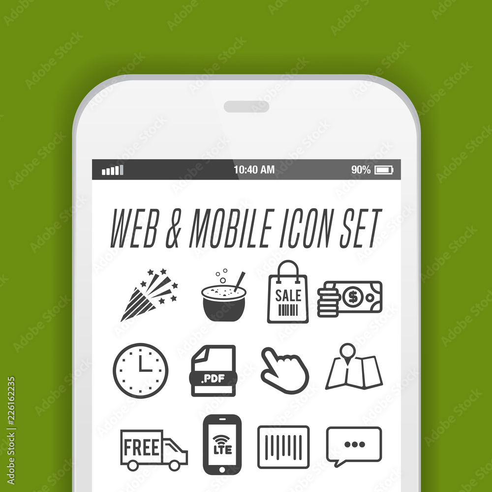 Poster smartphone with necessary application icons on screen. flat vector illustration.