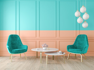 Modern classic double color interior with armchairs, lamp, table, wall panels and wooden floor. 3d render illustration mock up.