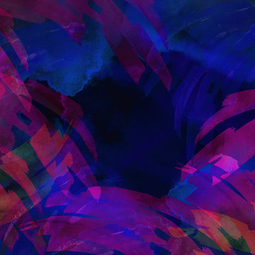 Watercolor blue, purple background, blot, blob, splash of blue, purple pink red paint on black background. Watercolor blue, purple sky, spot, abstraction. Abstract art illustration, scenic background 