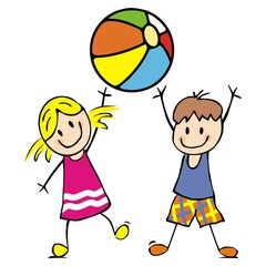 Naklejki  Dziewczyna i chłopiec z piłką, zabawna ilustracja wektorowa