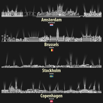 Amsterdam, Brusselsm Stockholm and Copenhagen vector cityscapes in black and white color palette