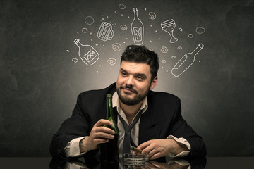 Drunk down and out man with doodle alcohol bottles concept
