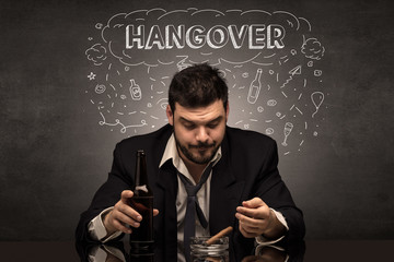 Loser drunk man with drinking, drug, hangover, alcoholic drugs concept
