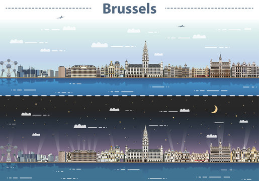 Brussels cityscape at day and night vector illustration