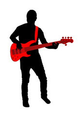 Guitarist player vector silhouette isolated on white background. Popular music super star on stage. Guitar music instrument. Rock and roll concert. Country club event. live public entertainment.