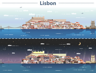 Lisbon city skyline at day and night vector illustration