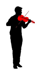 Young man playing violin vector silhouette illustration isolated on white. Classic music performer concert. Musician artist amusement public. Virtuoso on violin. Boy plays string instrument.