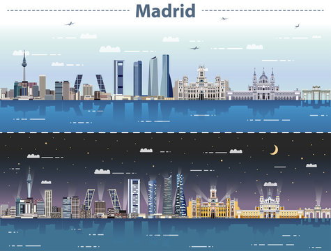Madrid city skyline at day and night vector illustration