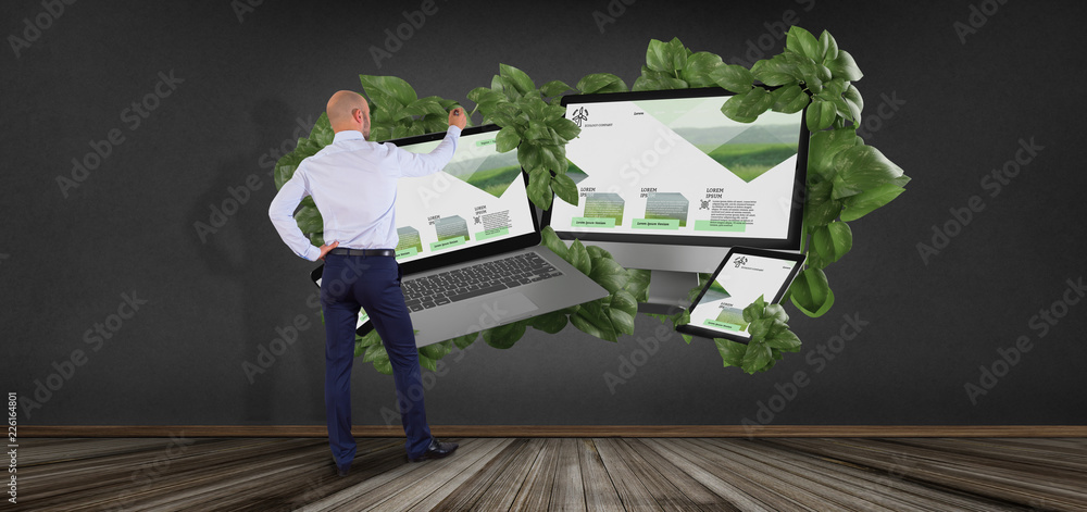 Poster businessman in front of connected devices surrounding by leaves 3d rendering