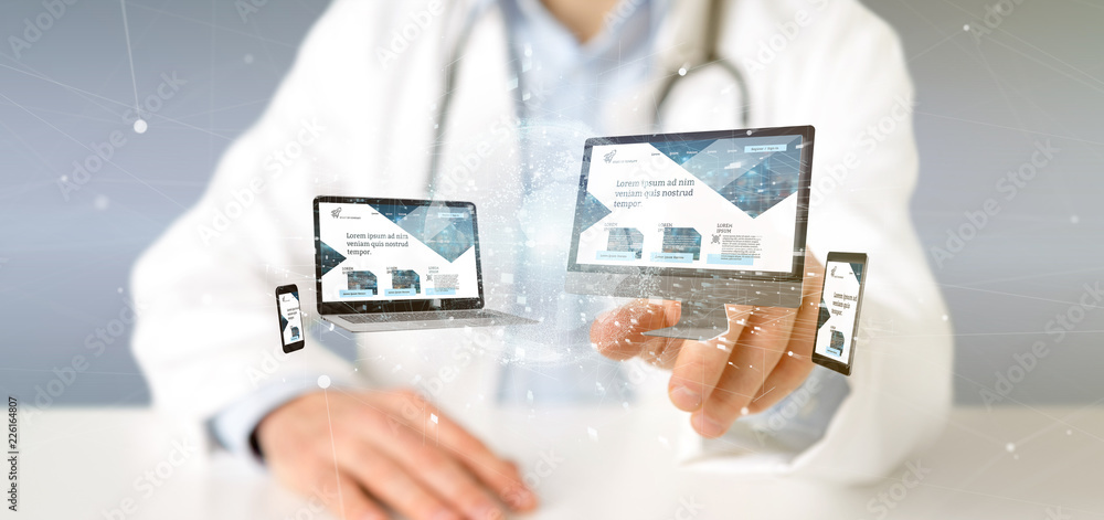 Wall mural doctor holding a devices connected to a global business network 3d rendering