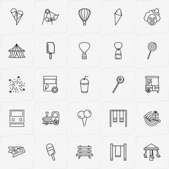 Amusement Park line icon set with ice cream, fireworks and juice cup