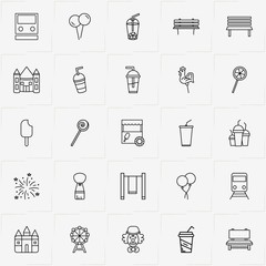 Amusement Park line icon set with stall, train and ballons