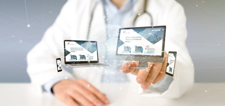 Doctor holding a Devices connected to a global business network 3d rendering
