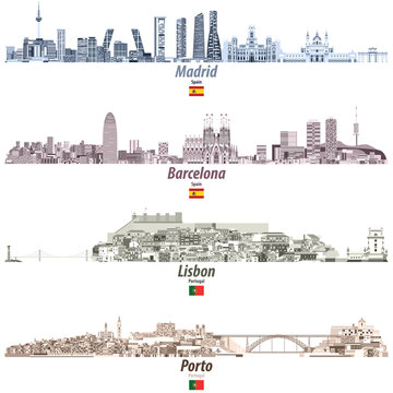 Madrid, Barcelona, Lisbon and Porto cities skylines in brightful color palette. Vector illustrations
