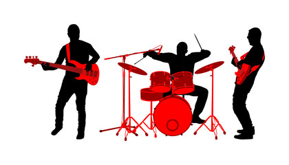 Naklejka premium Rock and roll band vector silhouette illustration. Musician play bass guitar and drums on stage. Super star music concert show. Great event for fan supporters. Drummer and guitarists players.