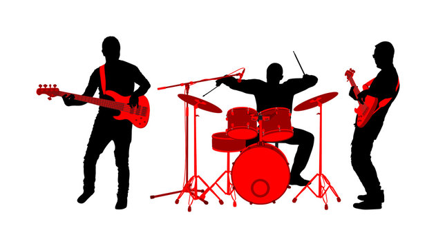 Rock and roll band vector silhouette illustration. Musician play bass guitar and drums on stage. Super star music concert show. Great event for fan supporters. Drummer and guitarists players.