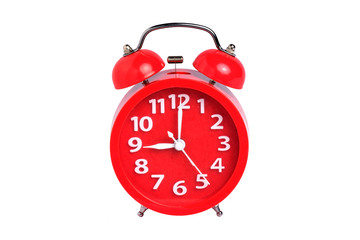 Red clock isolated on white background with clipping path.