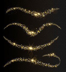 Vector illustration set of gold glitter sparkles wave on dark transparent background. Magic fairy dust.