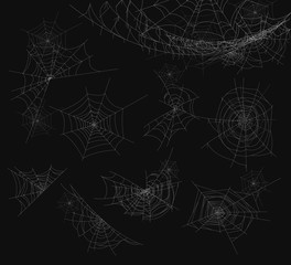 Vector illustration of spider web isolated on black background. Cobweb set.