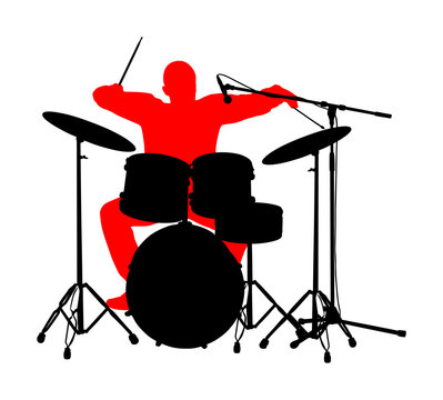 Drummer player vector silhouette. Rock and roll band artist vector silhouette illustration. Musician play drums on stage. Super star music concert show. Great event for fan supporters. 