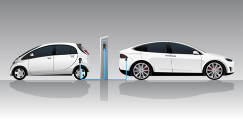 Two white electric cars with charging station. Vector illustration EPS 10