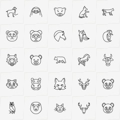 Animals line icon set with lion, dog and bear