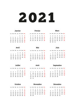 2021 year simple calendar on french language, A4 size vertical sheet isolated on white