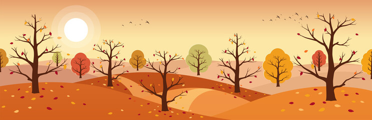 Autumn countryside landscape. Landscapes of mountains with trees and falling yellow, red foliage. Horizontal panoramic autumn landscape.