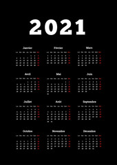 2021 year simple calendar on french language, A4 size vertical sheet on dark background