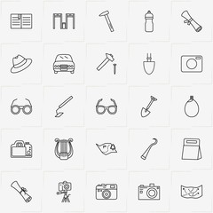 Archeology line icon set with hat, harp and bag