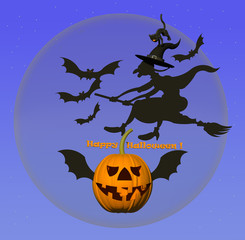 Happy Halloween greeting card 3D illustration. Magic, witch, flaying bats, black cat, flying pumpkin, moonlight. Collection.