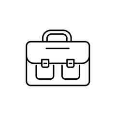 Black & white vector illustration of briefcase with 2 pockets. Line icon of bag for lawyers & business people to carry papers, briefs. Isolated object on white background.