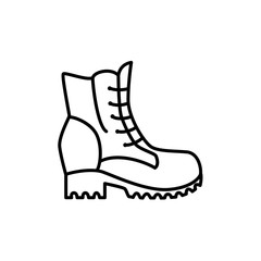 Black & white vector illustration of hiking boots with laces. Men’s winter shoes. Line icon of male footwear. Isolated on white background.