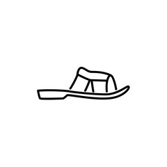 Black & white vector illustration of mules or slippers. Men’s summer slide shoes. Line icon of male footwear. Isolated on white background.
