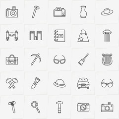 Archeology line icon set with scythe, architecture column and vase