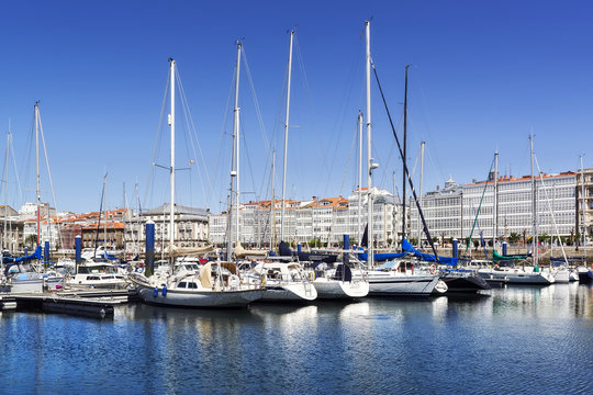 Coruna marina port with sailboats and cruiser , Spain