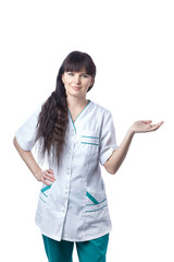 Middle-aged nurse doctor in a medical uniform isolated on the white background
