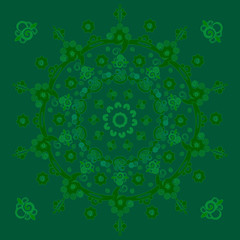 Green pattern with mandalas. Circle background.