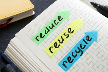 Reduce, reuse, recycle handwritten in a note pad.
